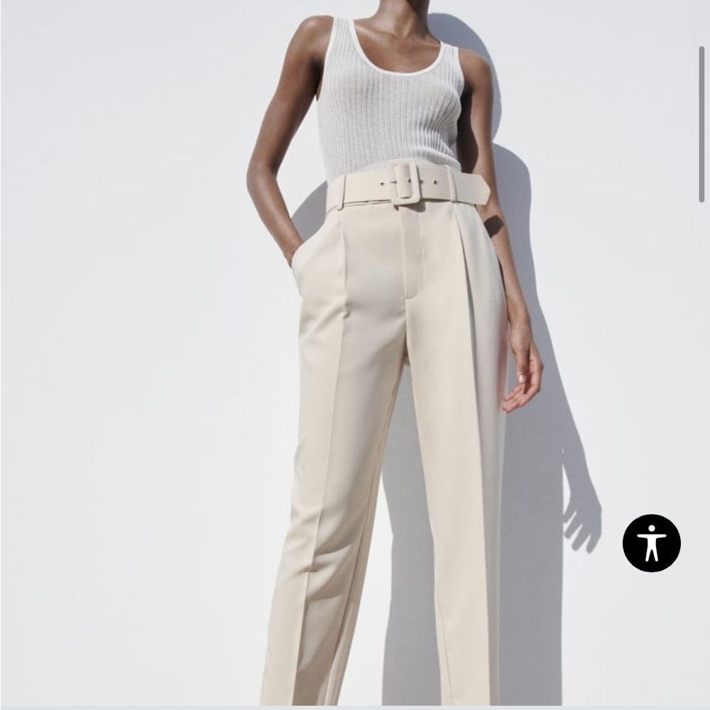Zara High-Waist Wide Belted Trousers in Light Beige